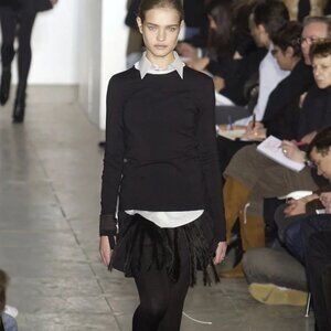 AW03 Black & Navy Fringe Goat Fur Mini Skirt with Bondage Straps